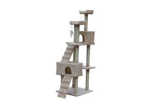 Cat tree with multiple levels and a hanging toy on a white background at Pet Servo