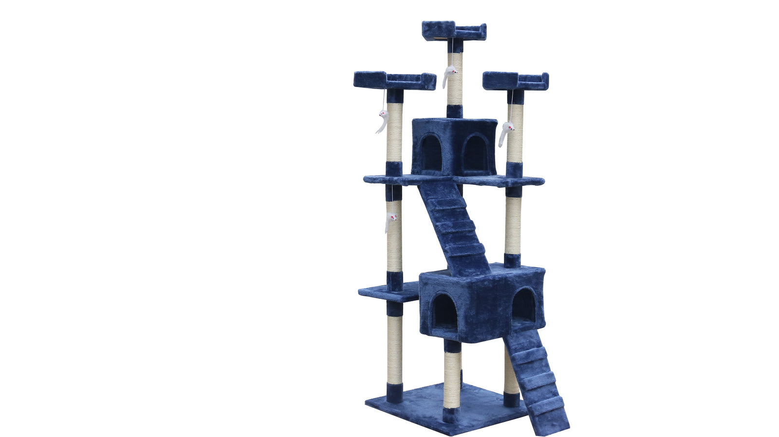 Blue and white cat tree with multiple levels and hiding spots on a white background at Pet Servo