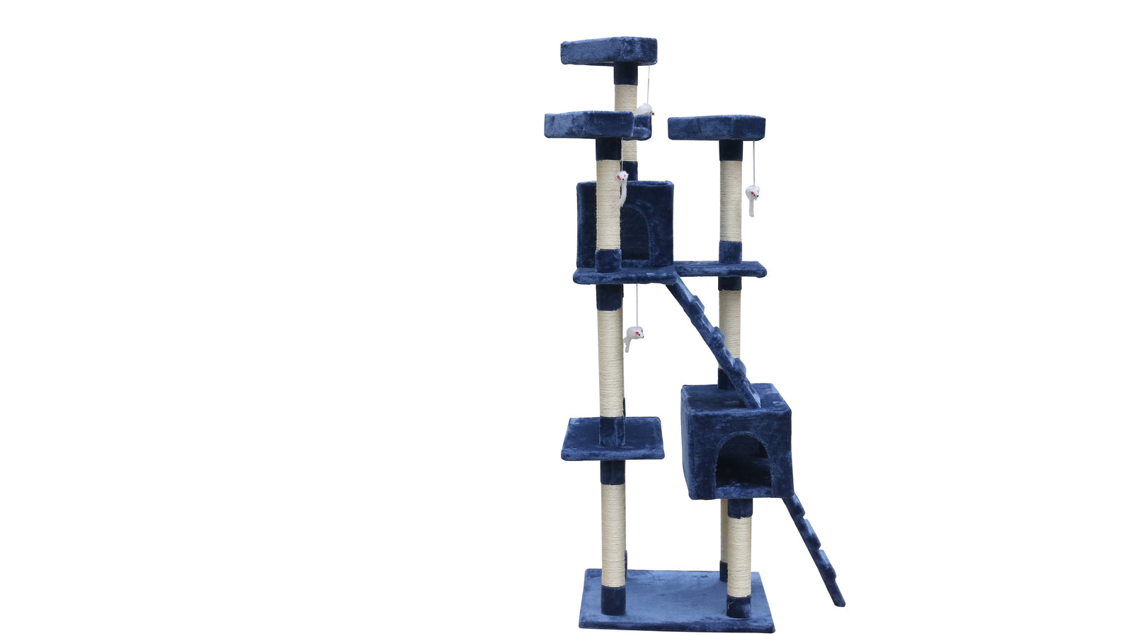 Blue and white cat tree with multiple levels and a hideout on a white background at Pet Servo