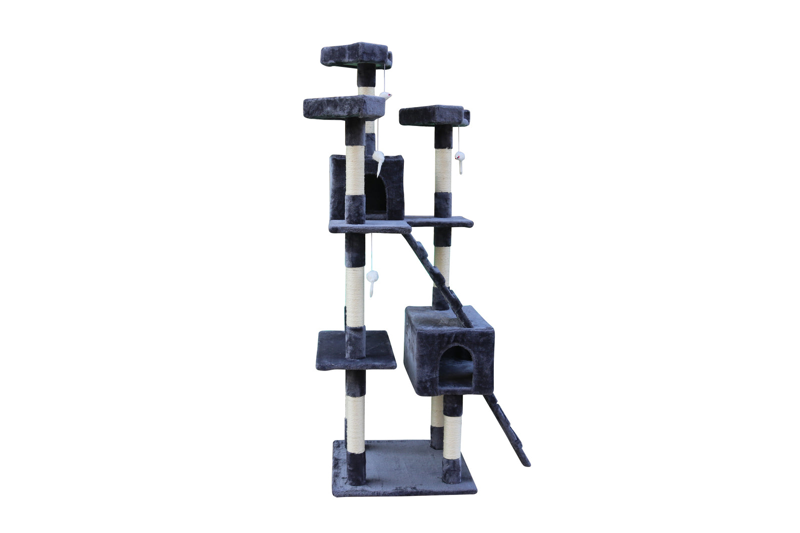 Cat tree with multiple levels, perches, and a hammock on a white background at Pet Servo