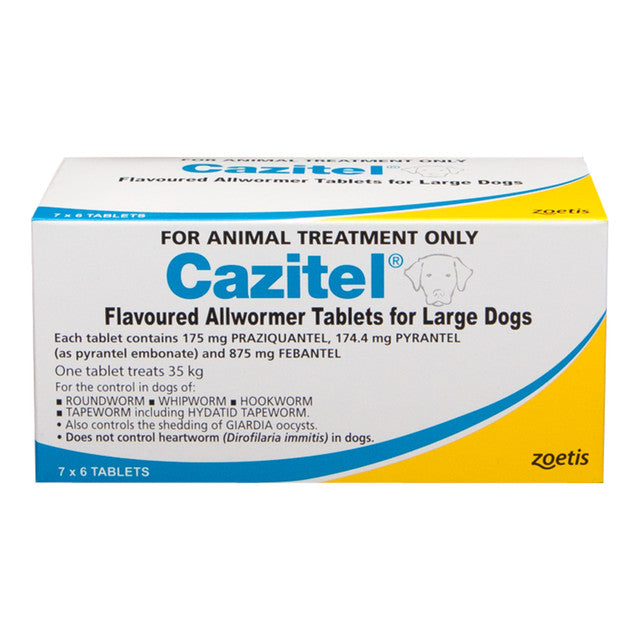Box of Cazitel Flavoured Allwormer Tablets for Large Dogs by Zoetis on a white background at Pet Servo