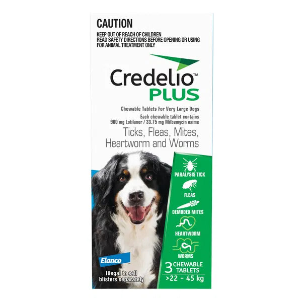 Credelio Plus 3 chews packaging for 22 to 45kg large dogs with a dog's face on the box at Pet Servo