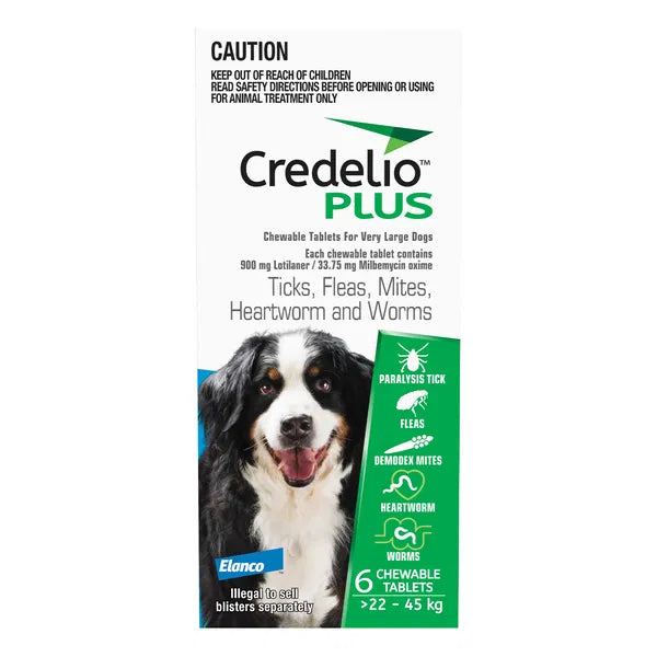 Credelio Plus 6 chews packaging for 22 to 45kg large dogs with a dog's face on the box at Pet Servo
