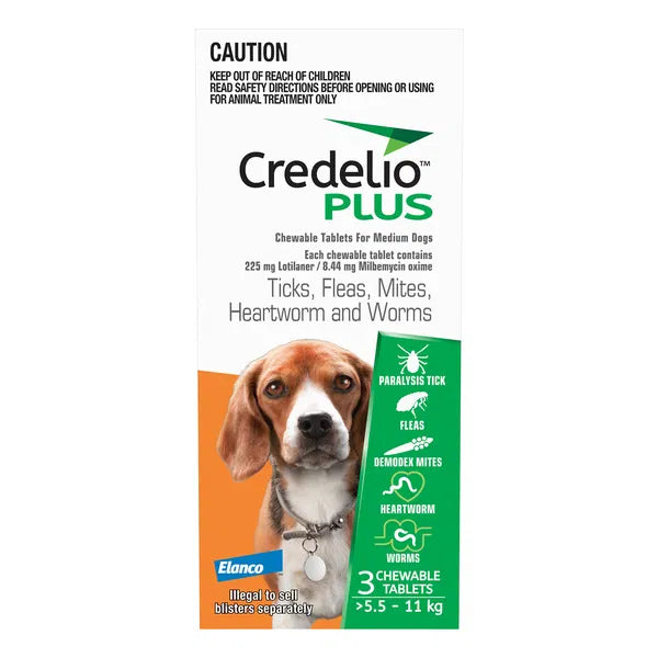 Credelio Plus 3 chews packaging for 5 to 11kg dogs with a dog's face on it, showing the product's use against ticks, fleas, mites, heartworms, and worms at Pet Servo