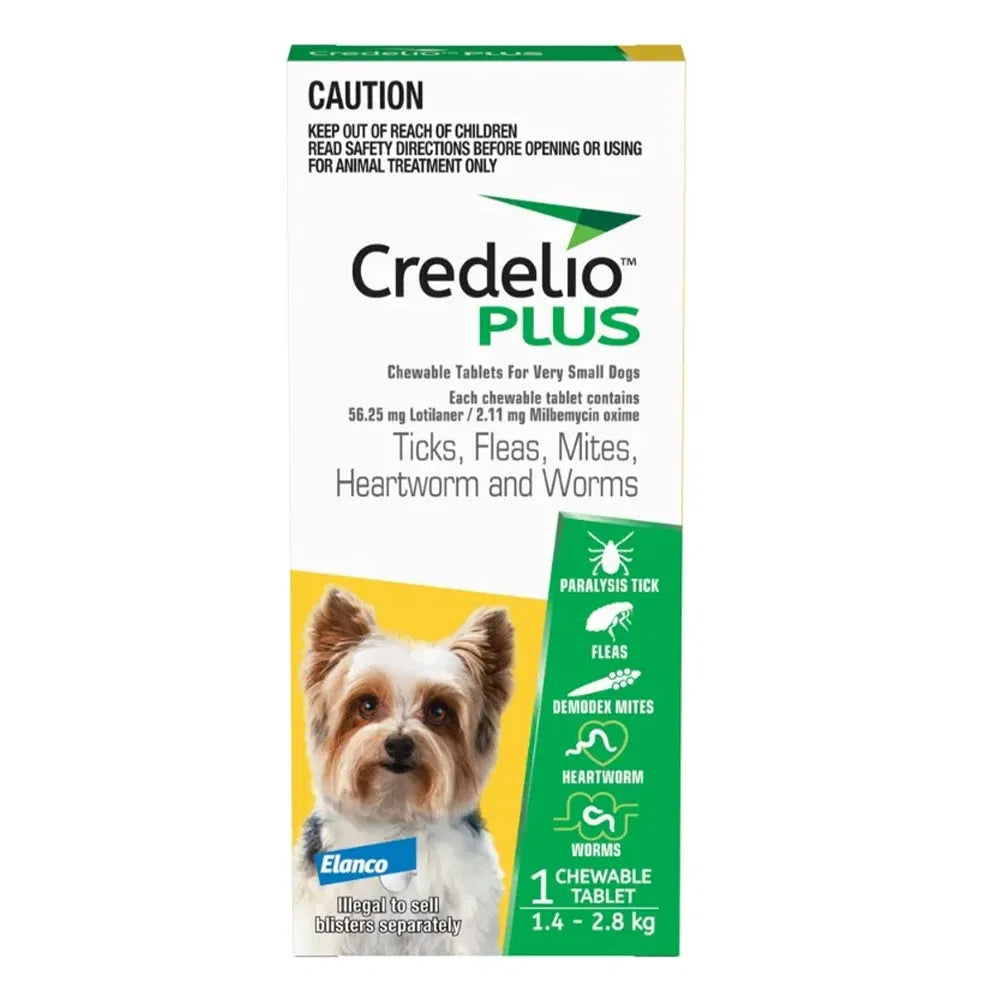 Credelio Plus packaging for very small dogs with a dog illustration on a white background at Pet Servo