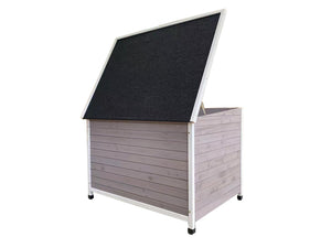 Wooden storage box with a black lid on a white background at Pet Servo