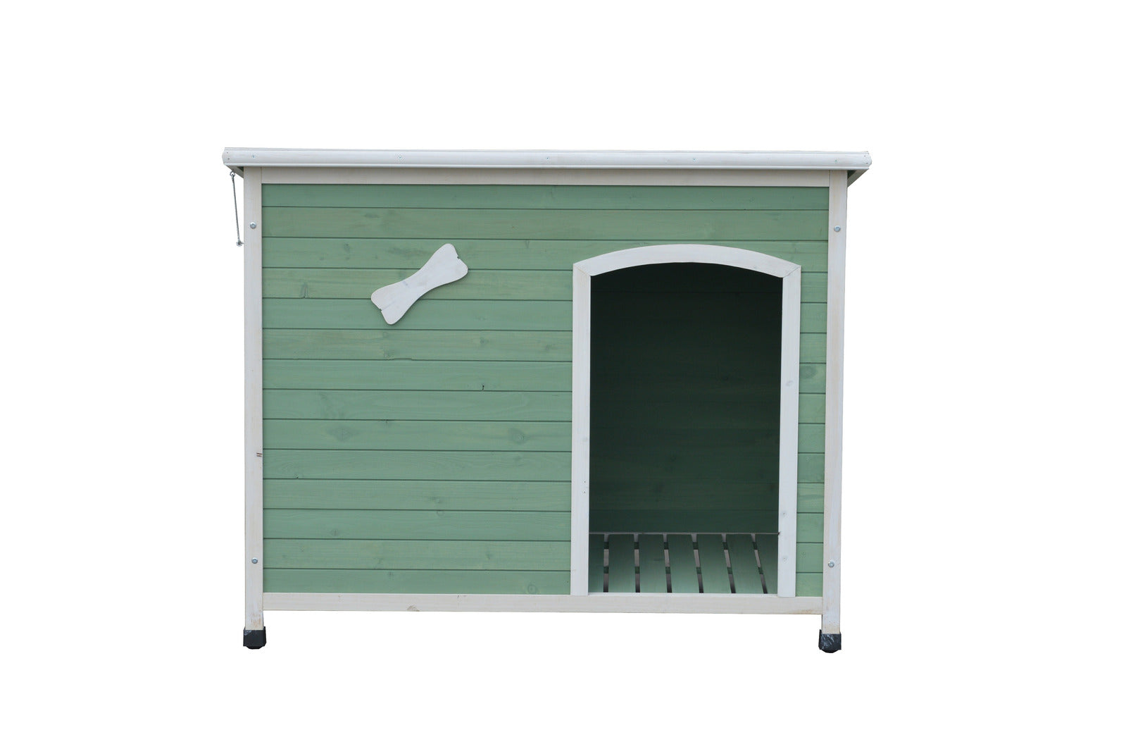 Green wooden dog house with a bone decoration on a white background at Pet Servo