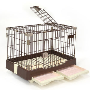 Pet cage with brown base and wire top on a white background at Pet Servo