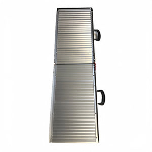 A silver aluminum pet ramp with a ribbed textured surface, featuring black handles and wheel attachments on a solid white background at Pet Servo