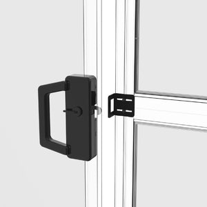Black door handle on a glass door