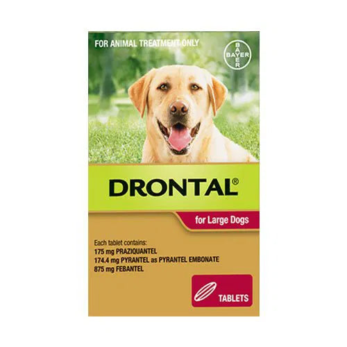 Drontal for large dogs packaging with a dog on a grassy background at Pet Servo