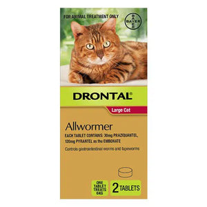 Drontal Allwormer packaging for large cats with a cat on a white background