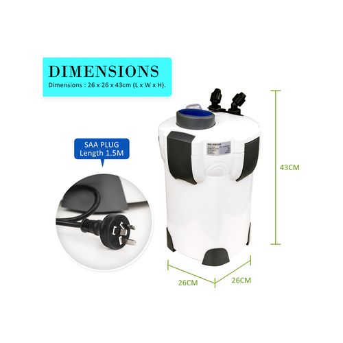 Dynamic Power Aquarium UV Canister Filter 1400L/H + Media Kit Dimetions image Petservo