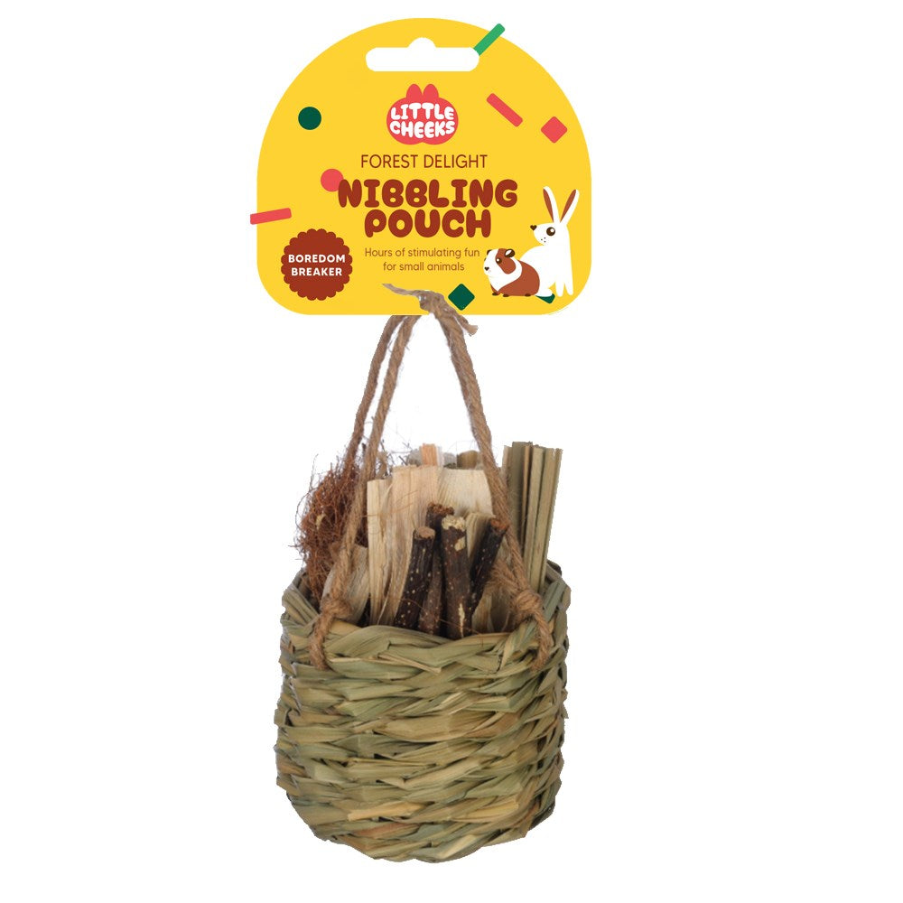 Pet toy with a woven basket containing wood chips, branded 'Little Cheeks'.