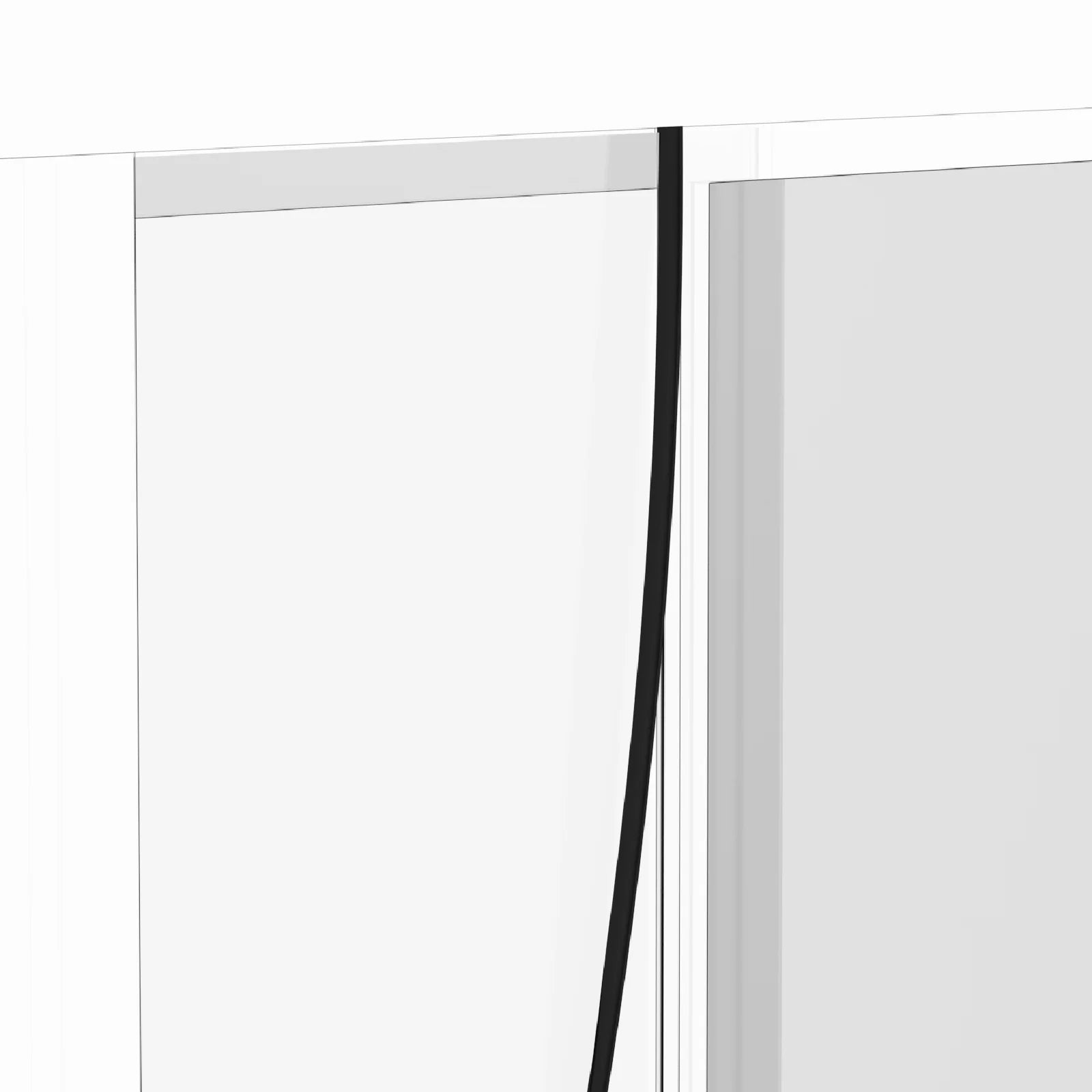 Close-up of a shower door with a black handle on a white background