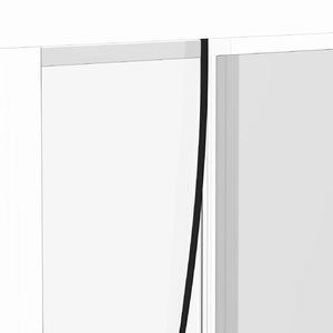 Close-up of a shower door with a black handle on a white background