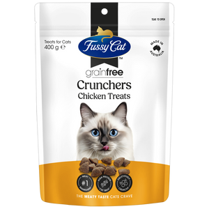Fussy Cat grain-free Crunchers Chicken Treats packaging with a cat on the label at Pet Servo