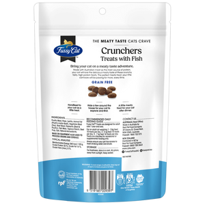 Fussy Cat Crunchers Treats packaging with text and branding on a white background at Pet Servo