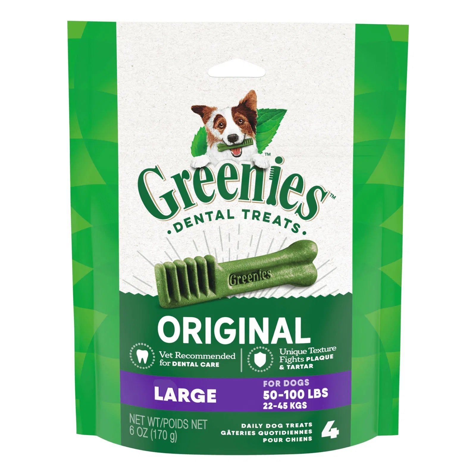 Greenies dental treats packaging for dogs on a white background at Pet Servo
