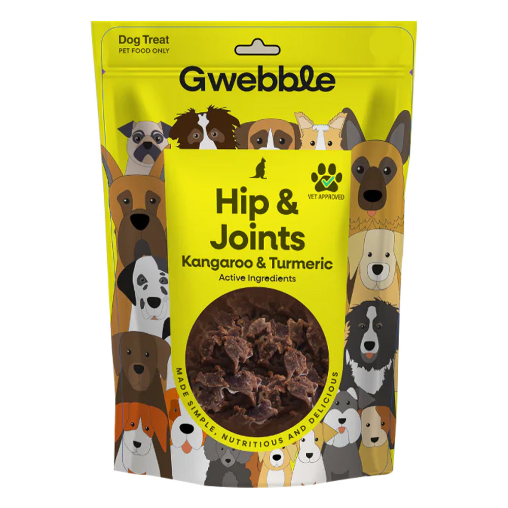 Gwebble Hip & Joints dog treat package with images of dogs on a yellow background at Pet Servo