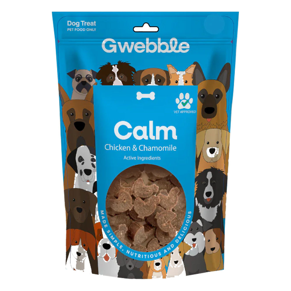 Gwebble Calm dog treat package with various dog illustrations on a blue background at Petservo