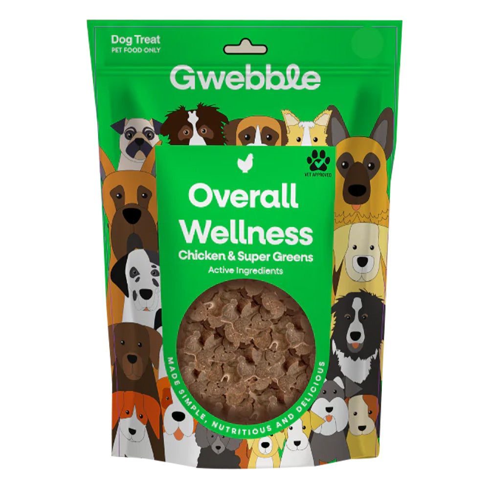 Gwebble dog treat package with various dog faces on a green background at Pet Servo