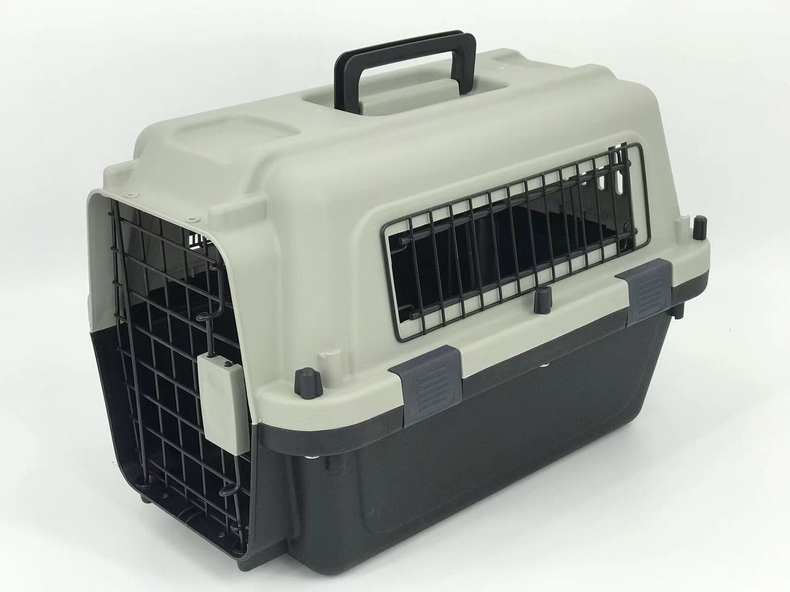 Pet carrier with black interior and beige exterior on a white background at Pet Servo