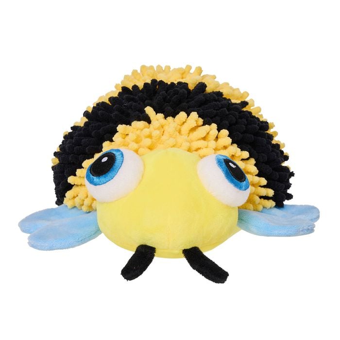 Plush bee toy with black hair on a white background at Pet Servo