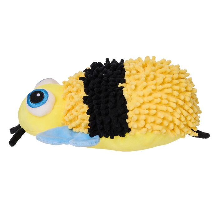 Plush toy bee with yellow body and black stripes on a white background