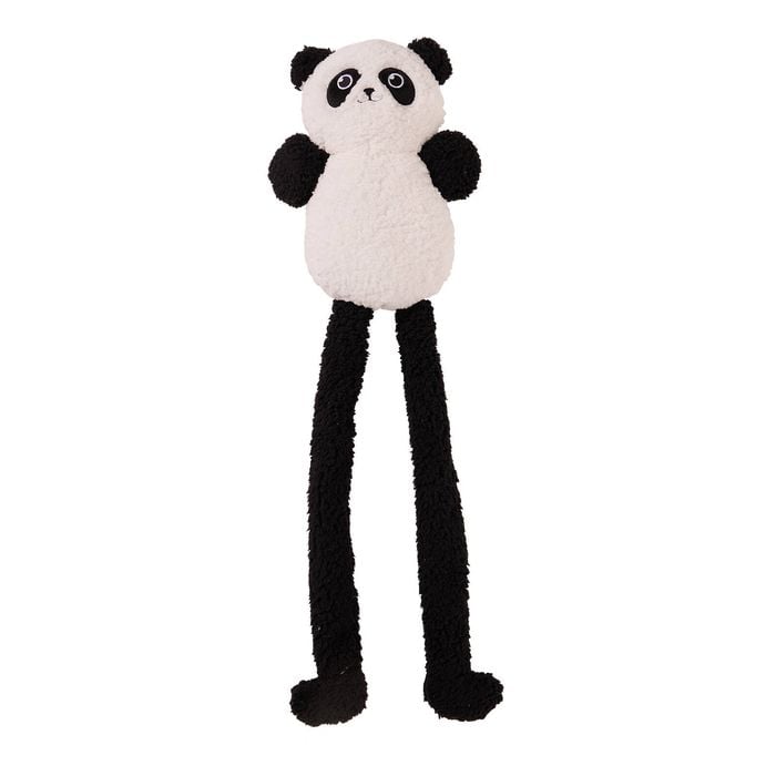 Plush panda toy with long legs on a white background