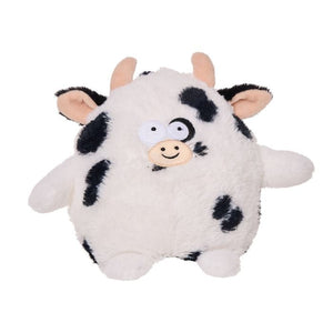 Plush cow toy with black spots on a white background