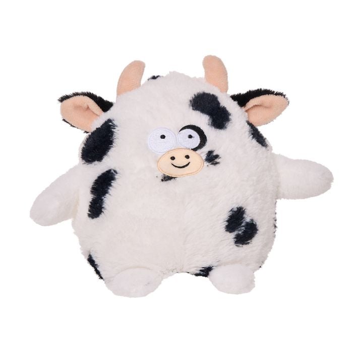 Plush cow toy with black spots on a white background