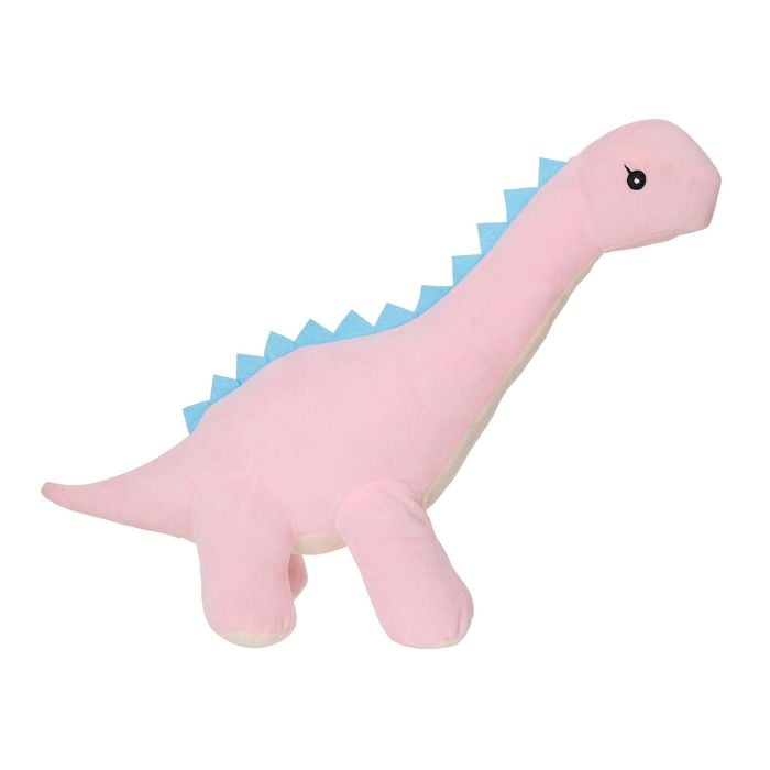 Pink dinosaur plush toy with blue spikes on a white background