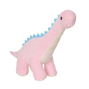 Pink dinosaur plush toy with blue spikes on a white background