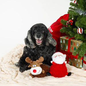 A black dog sits on a cream knit blanket beside a Christmas tree, wrapped presents, and holiday toys, including a reindeer toy and a red Santa-shaped plush.