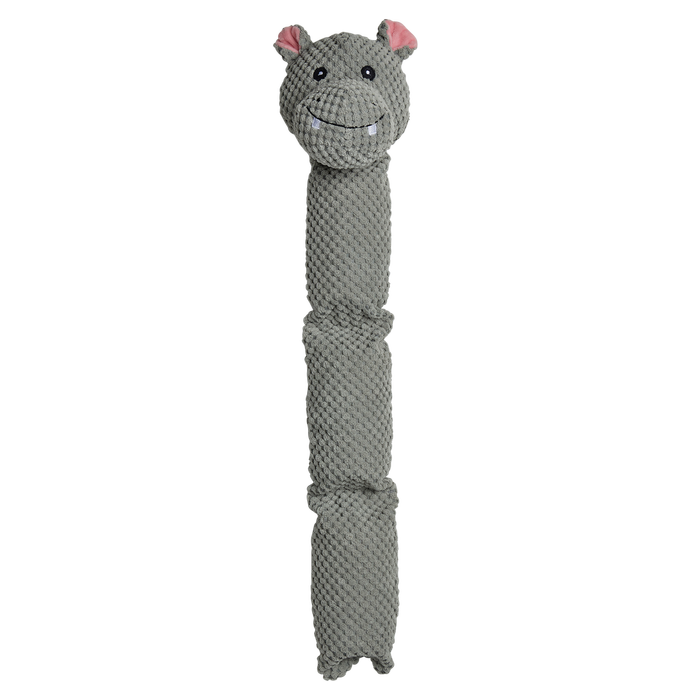 Gray hippo-shaped knitted toy on a white background