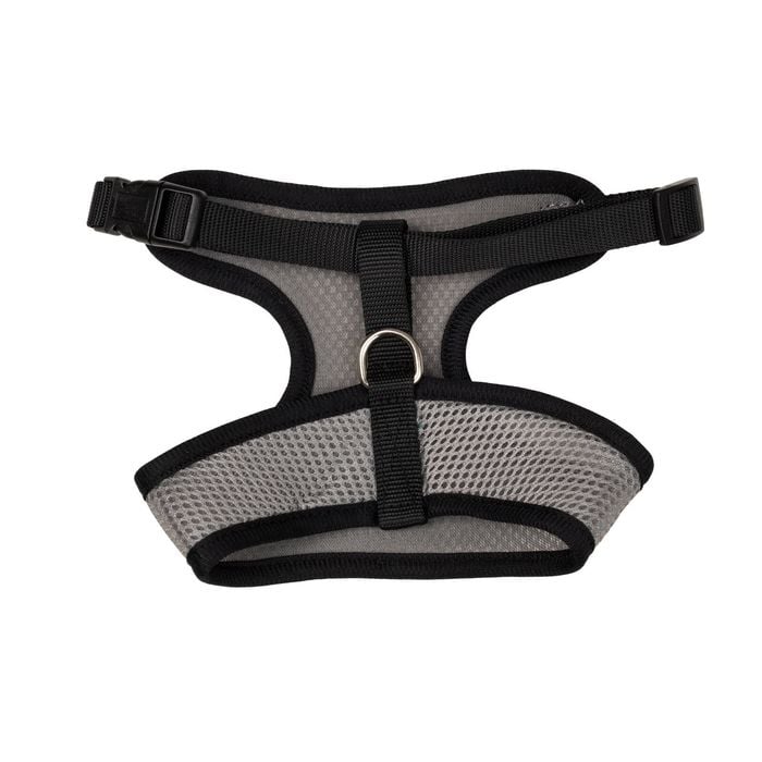 Black and gray dog harness on a white background