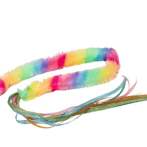 Multicolored fuzzy headband with ribbons on a white background