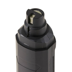 Close-up of a black cylindrical device with a filter on a white background