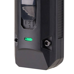 Black electronic device with a green light on a white background