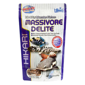 Hikari Massivore Delite fish food packaging on a white background at Pet Servo