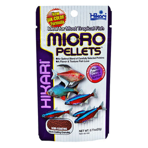 Hikari Micro Pellets packaging for tropical fish on a white background at Pet Servo