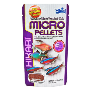 Hikari Micro Pellets packaging for tropical fish on a white background at Pet Servo