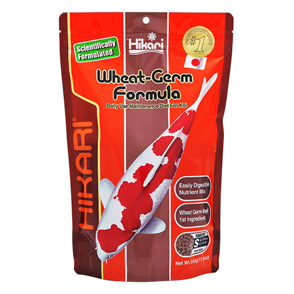 Hikari Wheat-Germ Formula fish food package with a koi fish on a white background at Pet Servo