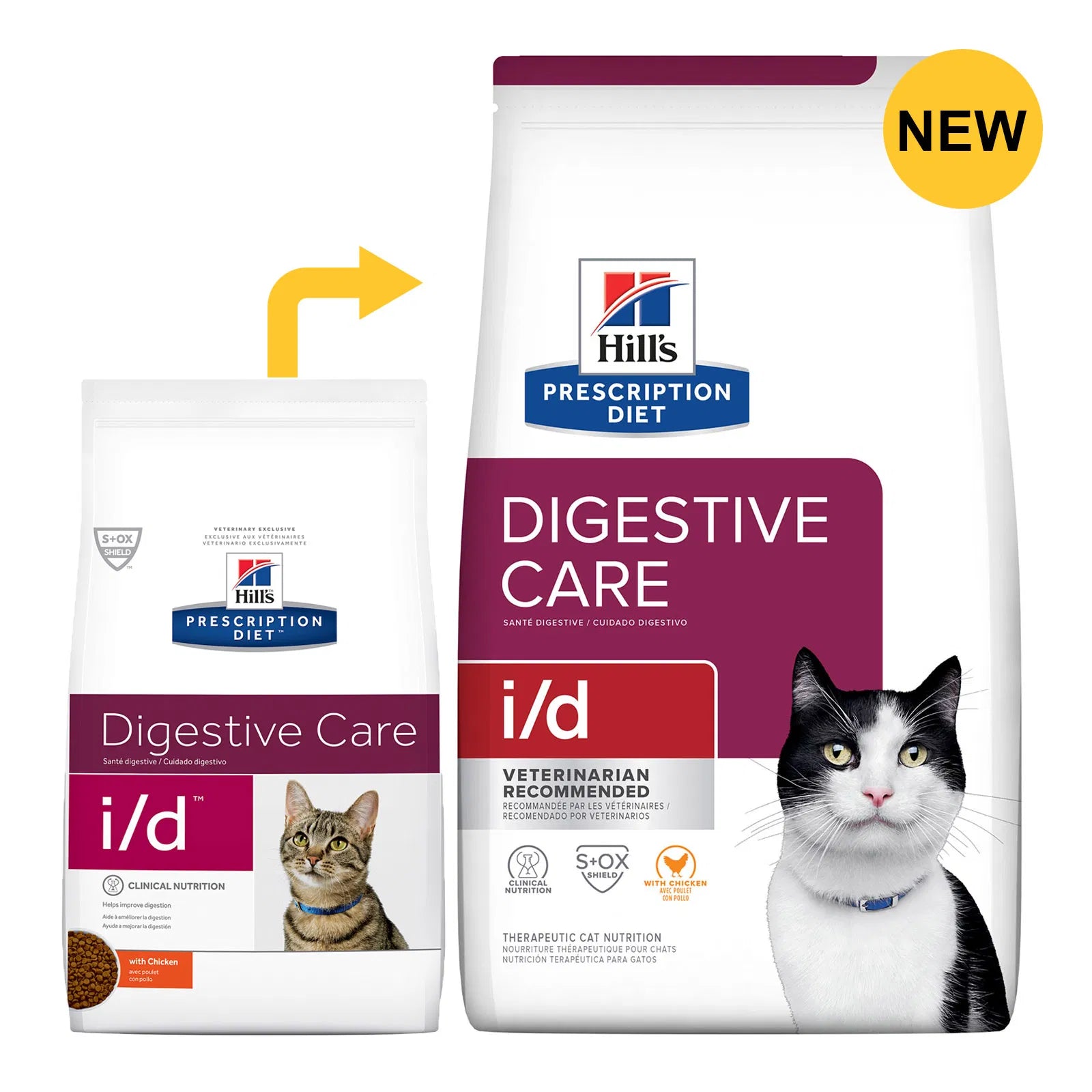 Hills Prescription Diet Digestive Care i/d cat food packaging with a black and white cat illustration on a white background at Pet Servo