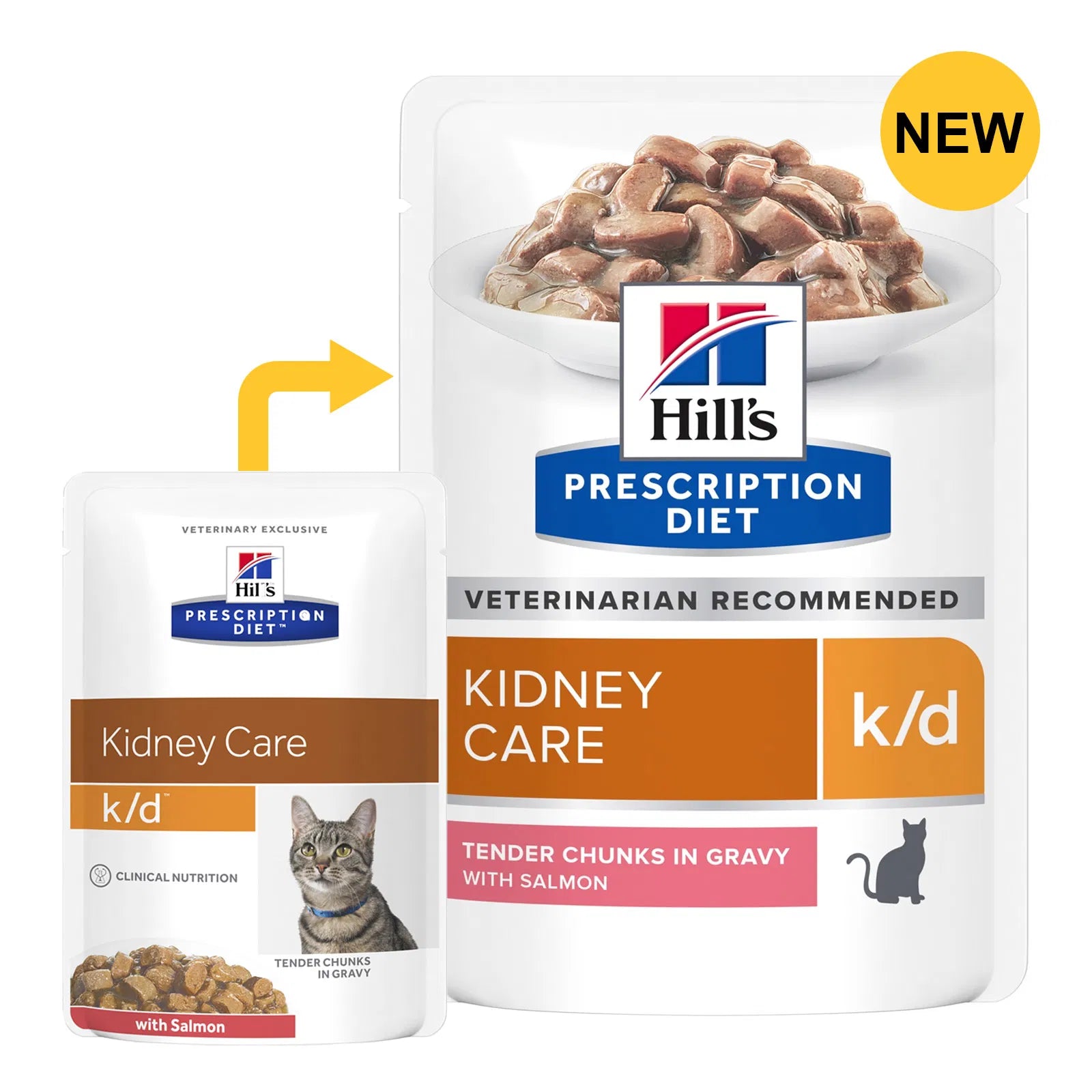 Hill's Prescription Diet k/d kidney care cat food packaging with a new label at Pet Servo