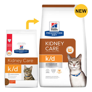 Hills Prescription Diet k/d Kidney Care cat food packaging with a cat illustration on a white background at Pet Servo