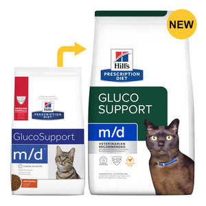 Two packages of Hills Prescription Diet m/d Gluco Support cat food on a white background at Pet Servo