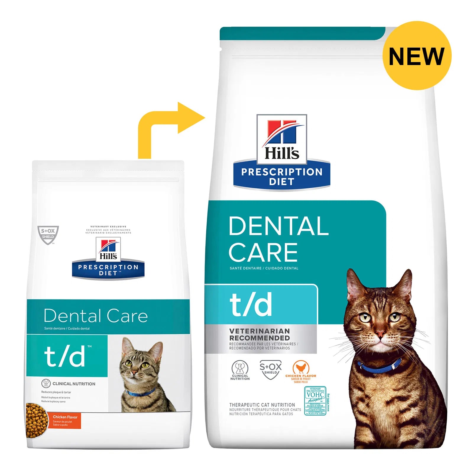 Hills Prescription Diet Dental Care t/d cat food packaging with a cat on a white background at Pet Servo