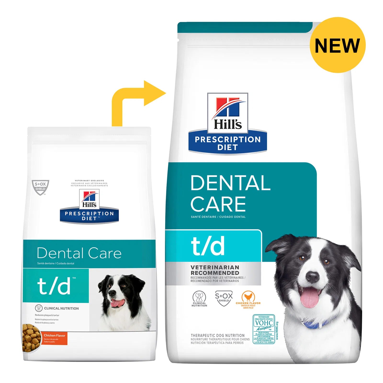 Hills Prescription Diet t/d Dental Care dog food packaging with a yellow 'New' label at Pet Servo